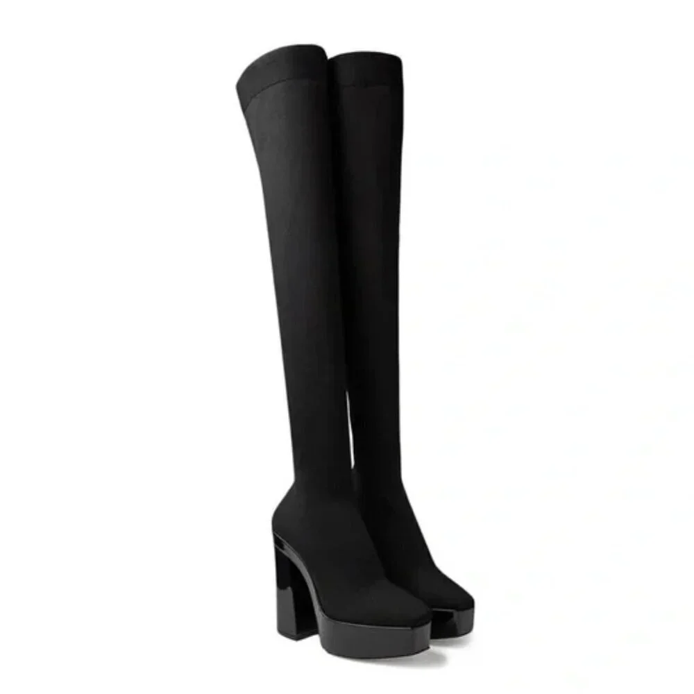 NEW Gianni Bini Jarvis Stretch Thick Knit Over-the-Knee Platform Boots in Black